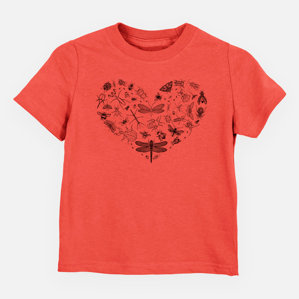 Passionfruit pink toddler t-shirt laid flat, printed with a heart shape filled with small black ink insects, including dragonflies, beetles and bees.