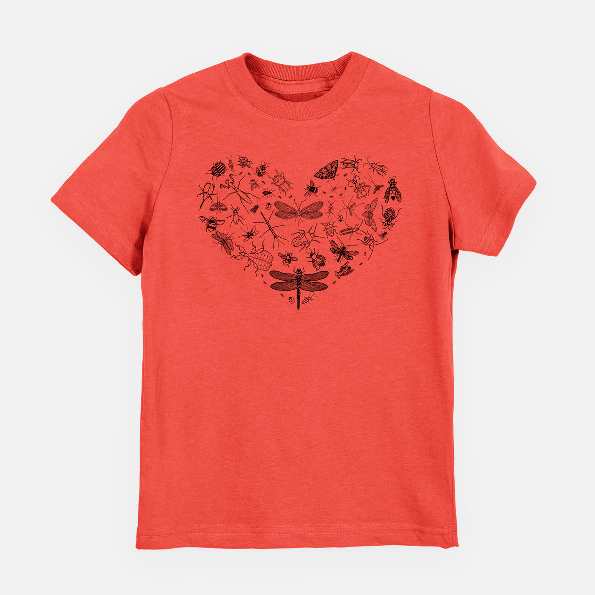Passionfruit pink youth t-shirt laid flat, printed with a heart shape filled with small black ink insects, including dragonflies, beetles and bees.