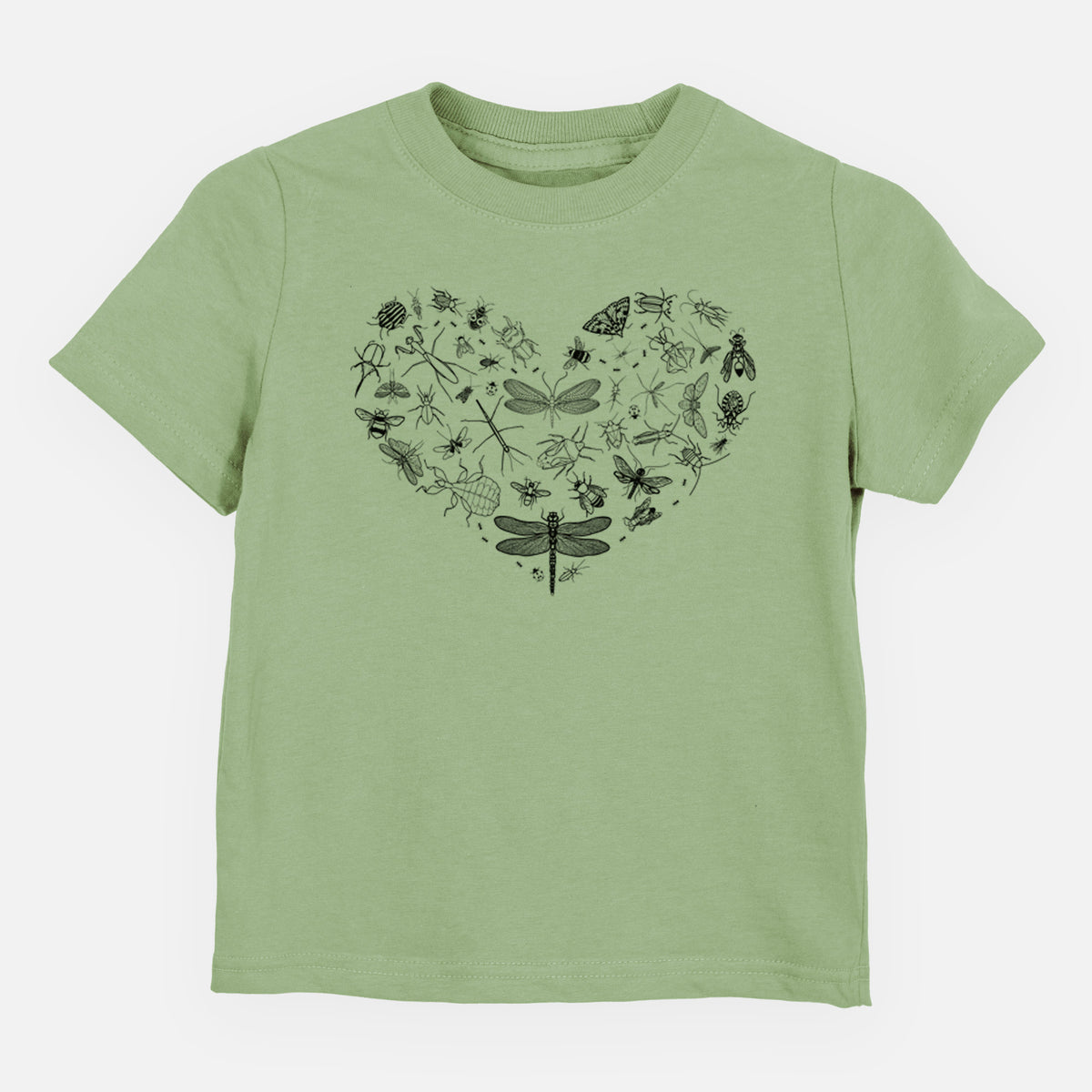 Sage green toddler t-shirt laid flat, printed with a heart shape filled with small black ink insects, including dragonflies, beetles and bees.
