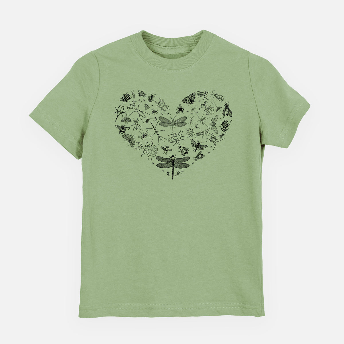Sage green youth t-shirt laid flat, printed with a heart shape filled with small black ink insects, including dragonflies, beetles and bees.
