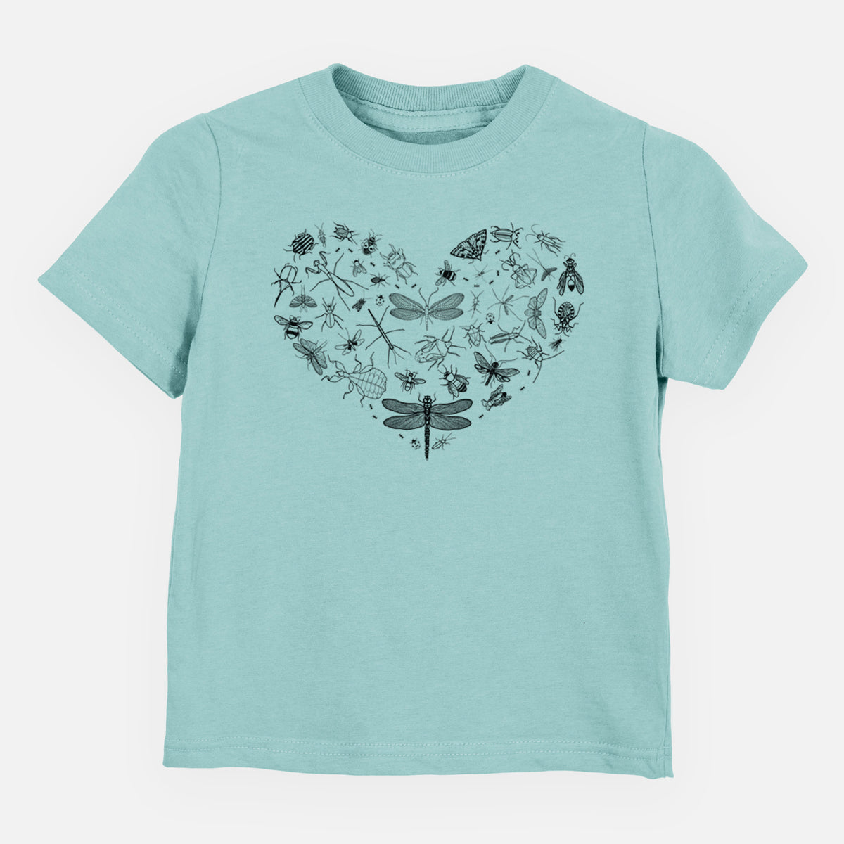 Saltwater toddler t-shirt laid flat, printed with a heart shape filled with small black ink insects, including dragonflies, beetles and bees.