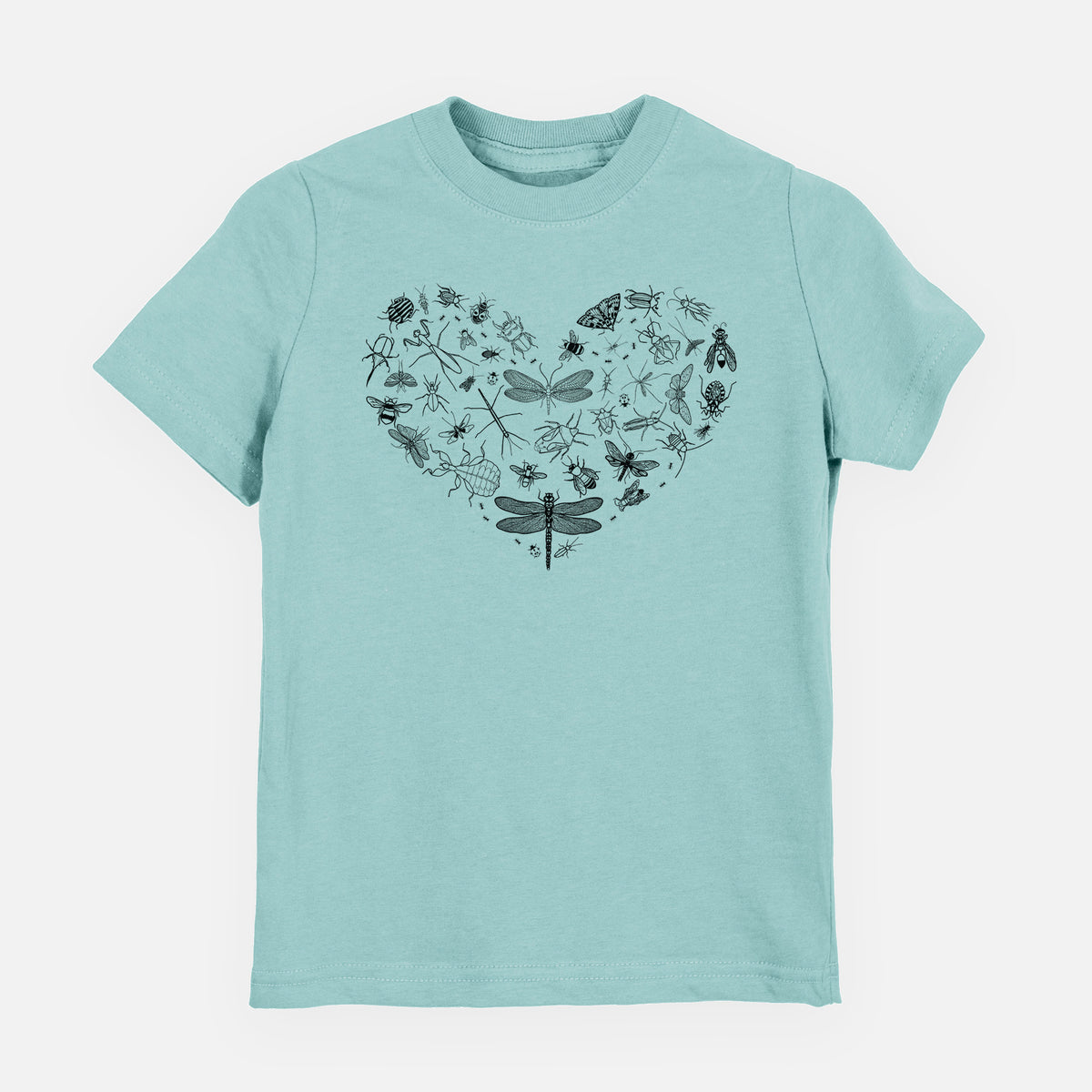 Saltwater youth t-shirt laid flat, printed with a heart shape filled with small black ink insects, including dragonflies, beetles and bees.