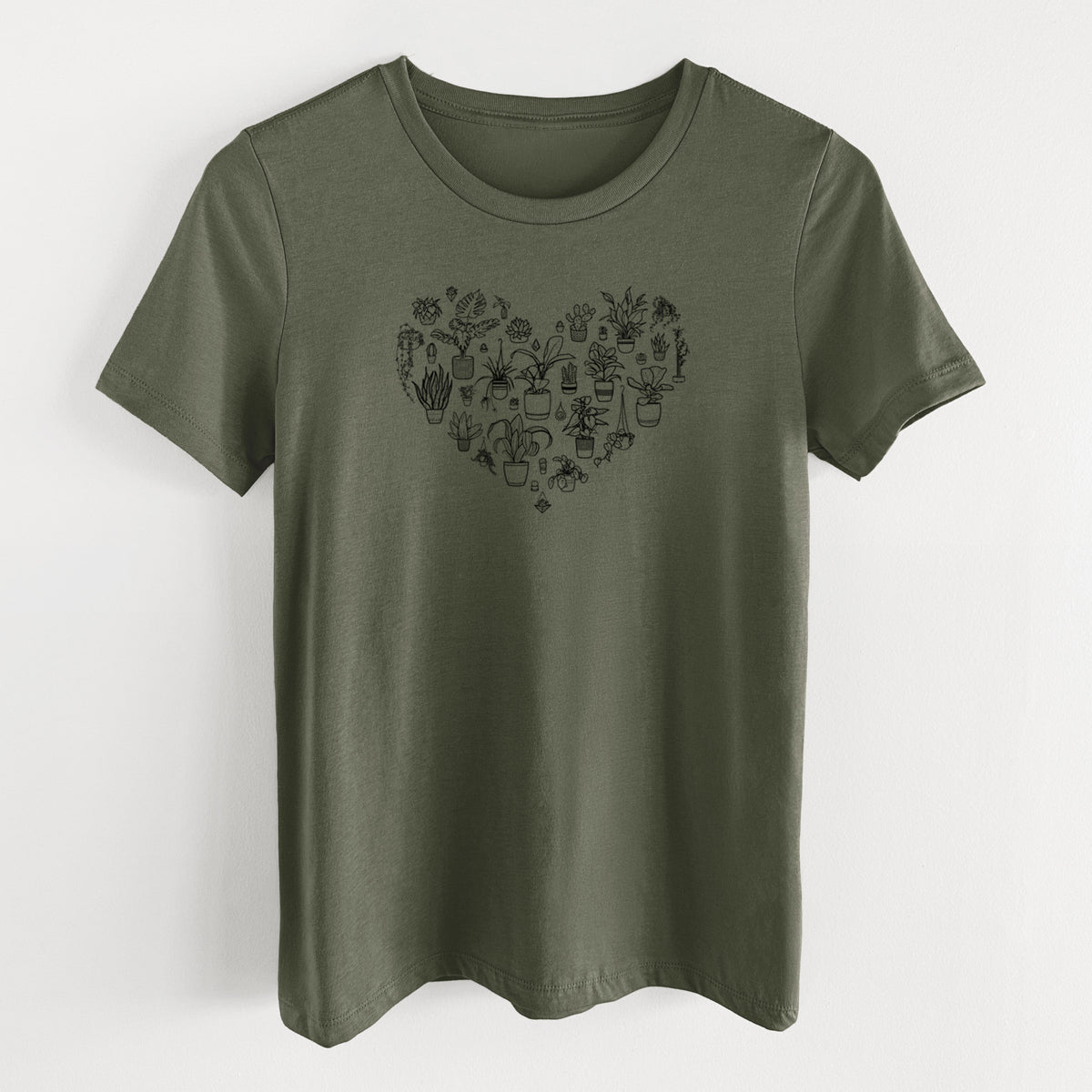 Military green women's relaxed fit cotton t-shirt laid flat, printed with a heart shape filled with black ink potted houseplants.