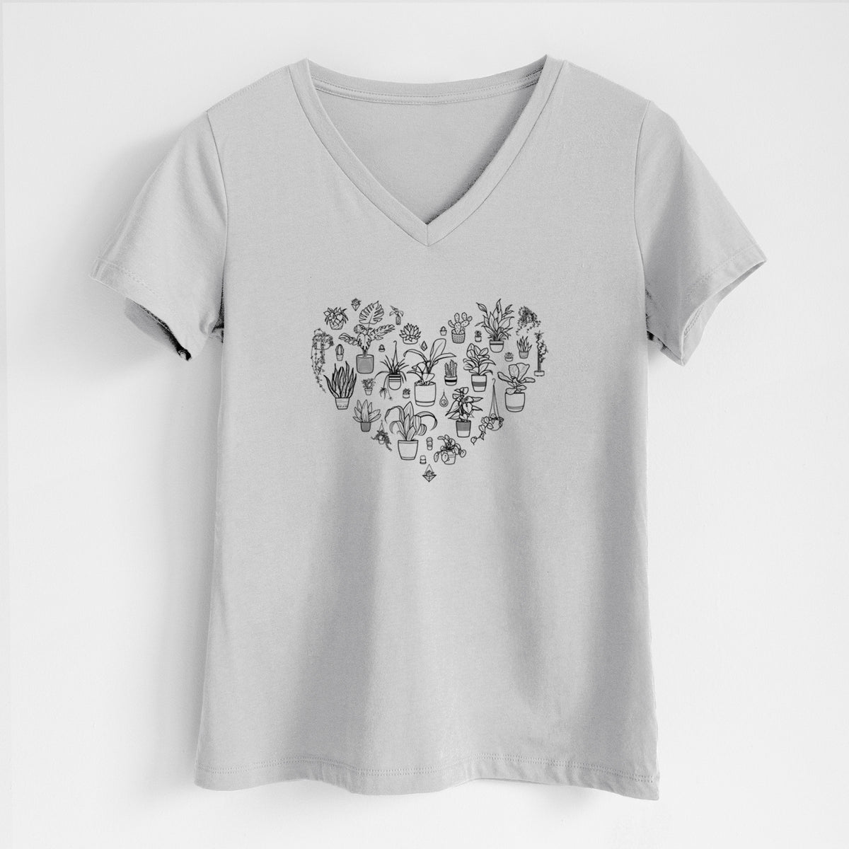 Lunar grey women's relaxed fit cotton V-neck t-shirt laid flat, printed with a heart shape filled with black ink potted houseplants.