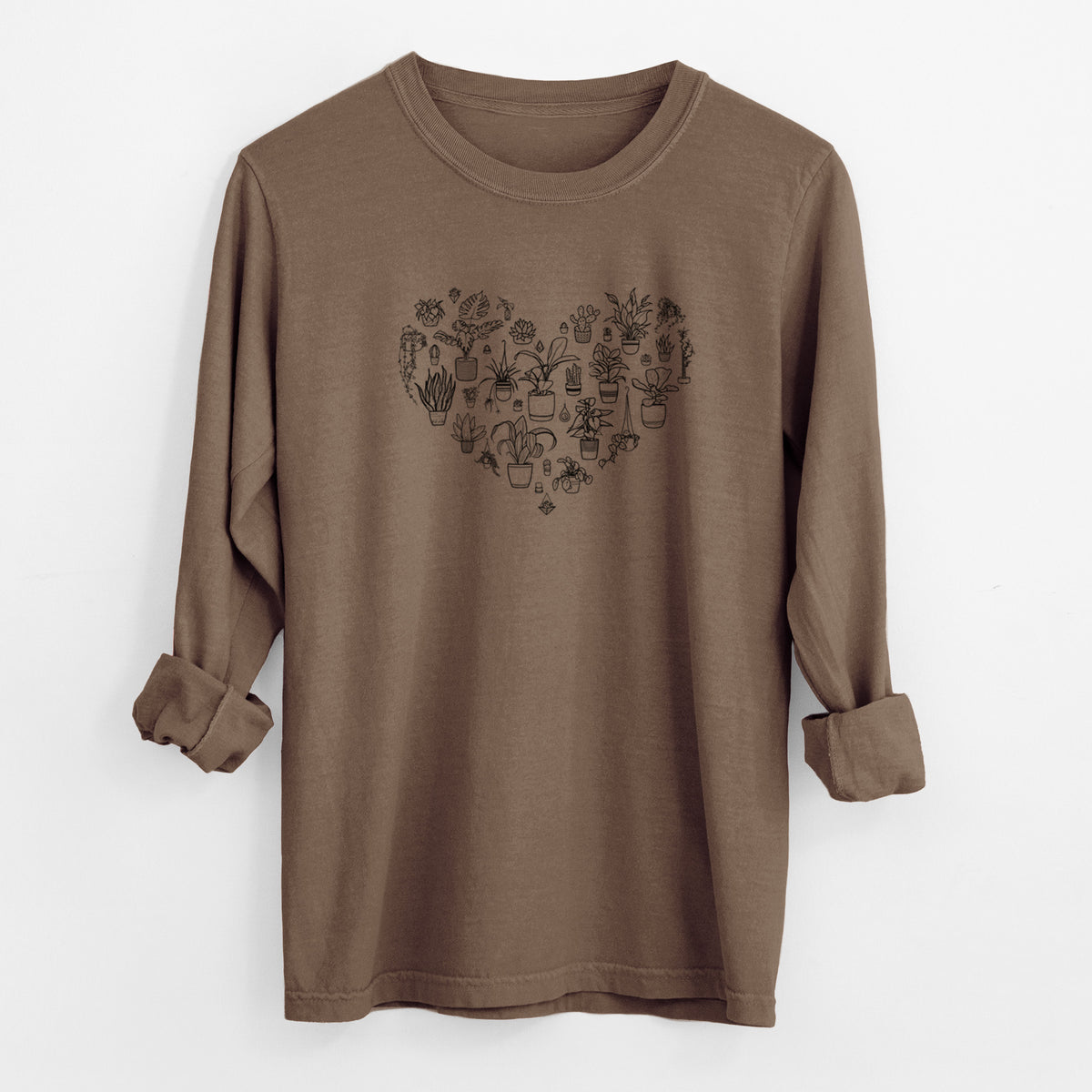 Espresso brown Comfort Colors long sleeve shirt laid flat with the cuffs rolled, printed with a heart shape filled with black ink potted houseplants.
