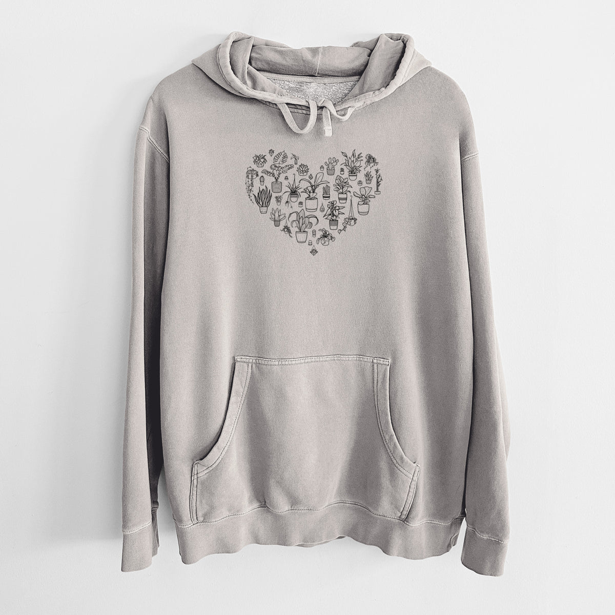 Cement grey pigment dyed hoodie laid flat, printed with a heart shape filled with black ink potted houseplants.