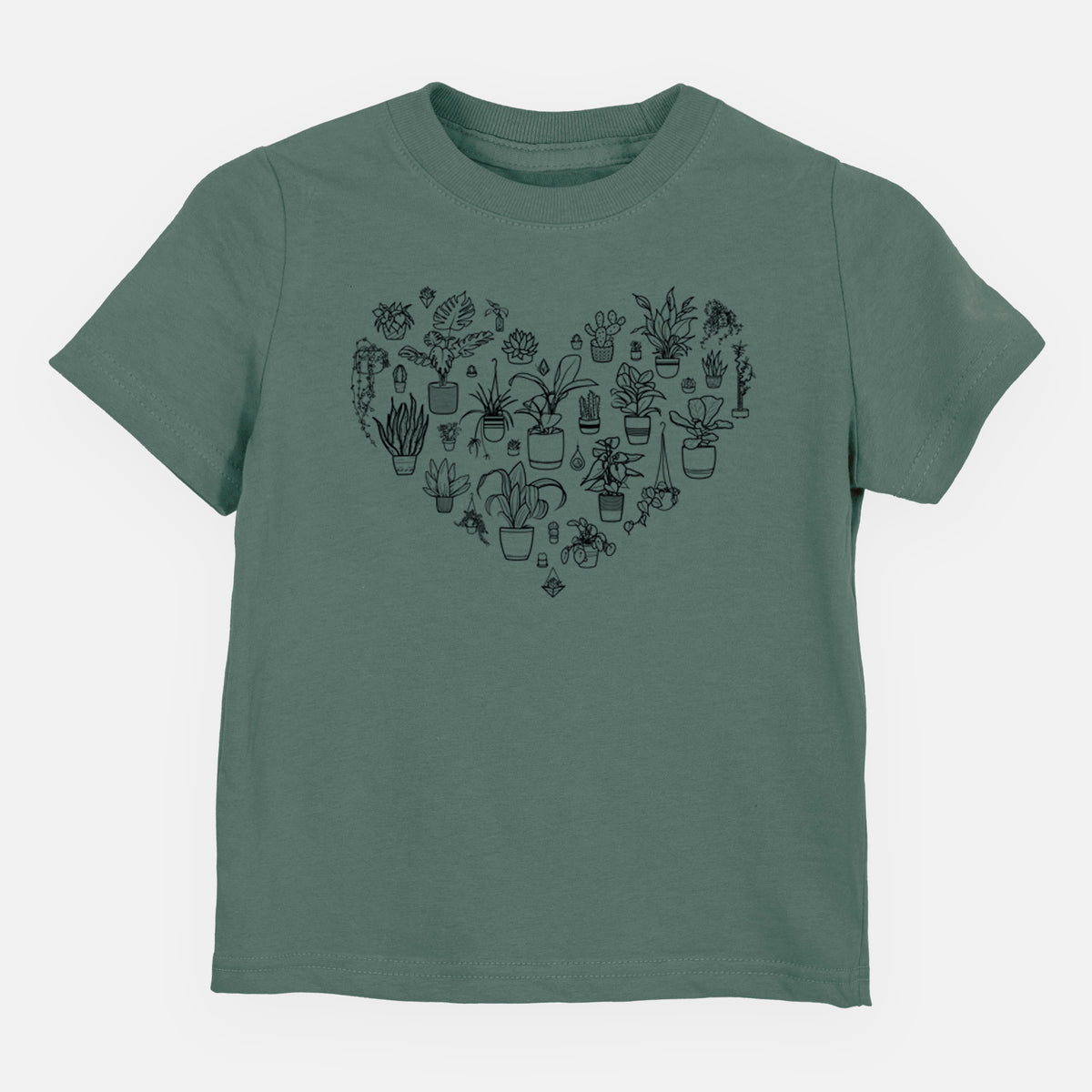 Basil green toddler t-shirt laid flat, printed with a heart shape filled with black ink potted houseplants.