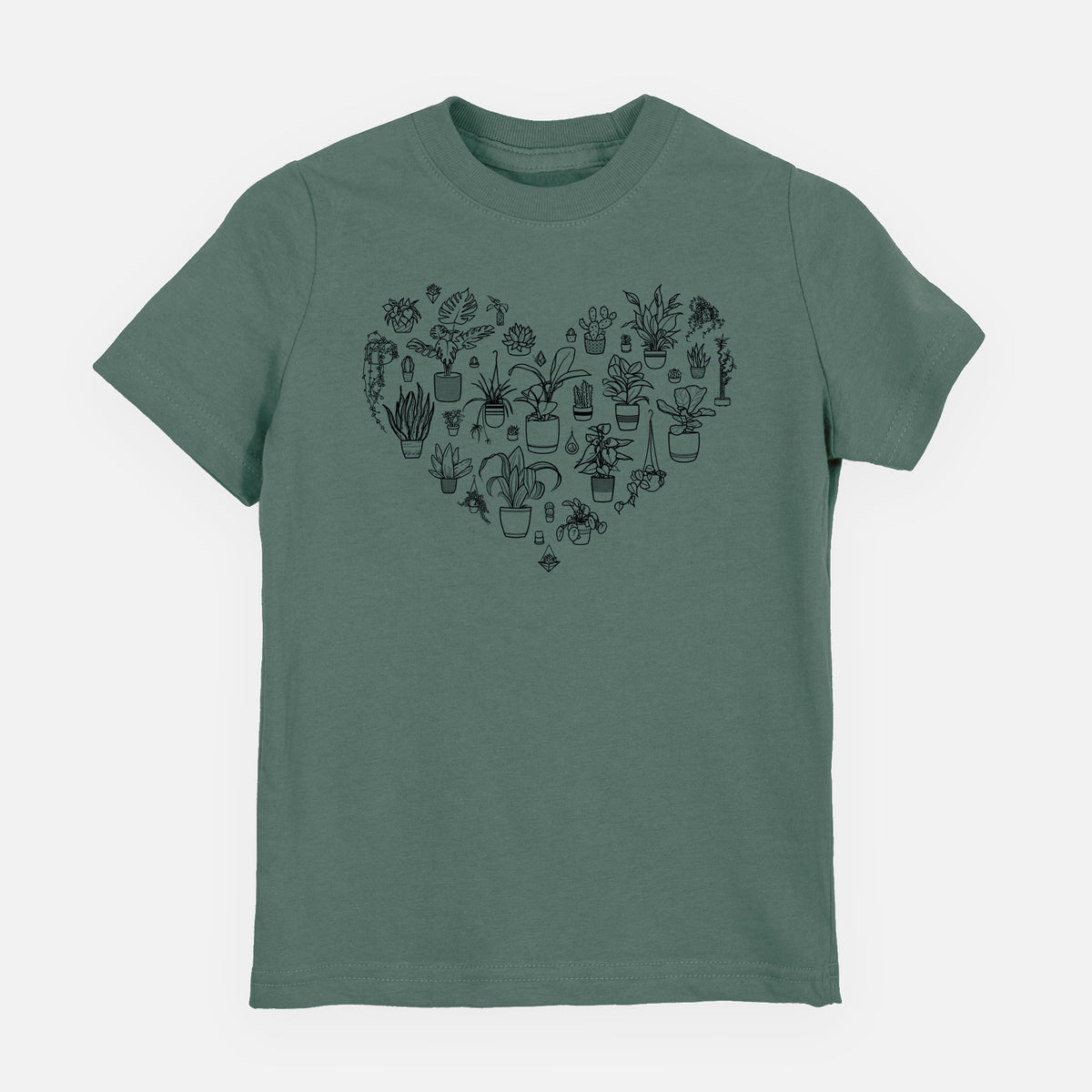 Basil green youth t-shirt laid flat, printed with a heart shape filled with black ink potted houseplants.