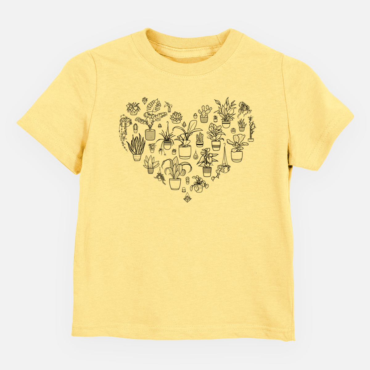 Butter yellow toddler t-shirt laid flat, printed with a heart shape filled with black ink potted houseplants.