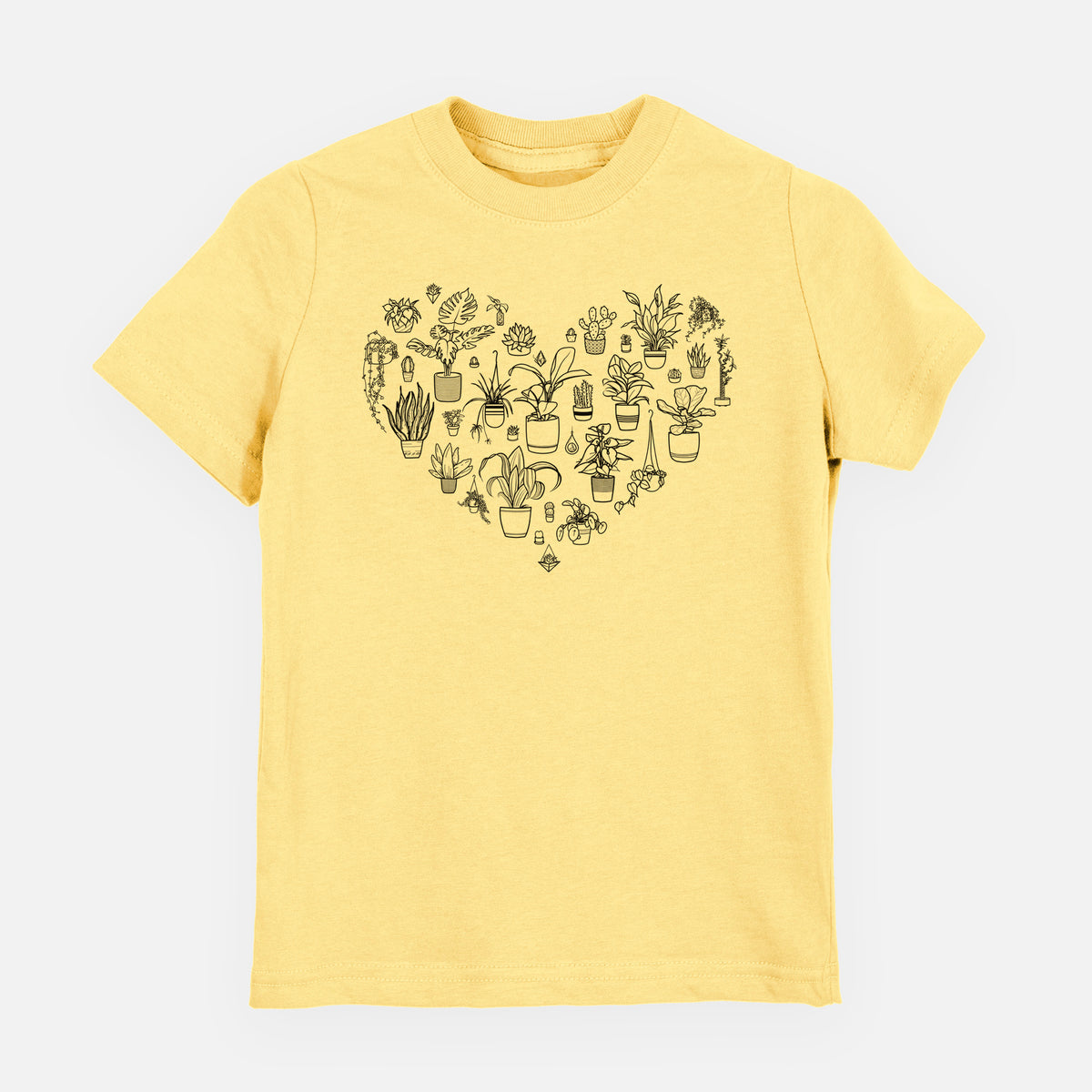 Butter yellow youth t-shirt laid flat, printed with a heart shape filled with black ink potted houseplants.