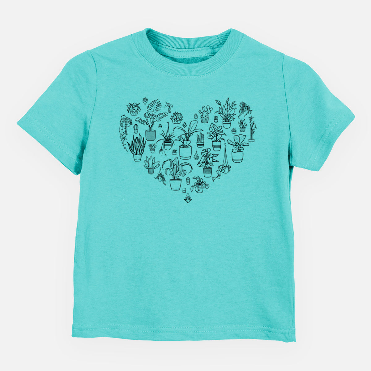 Caribbean blue toddler t-shirt laid flat, printed with a heart shape filled with black ink potted houseplants.