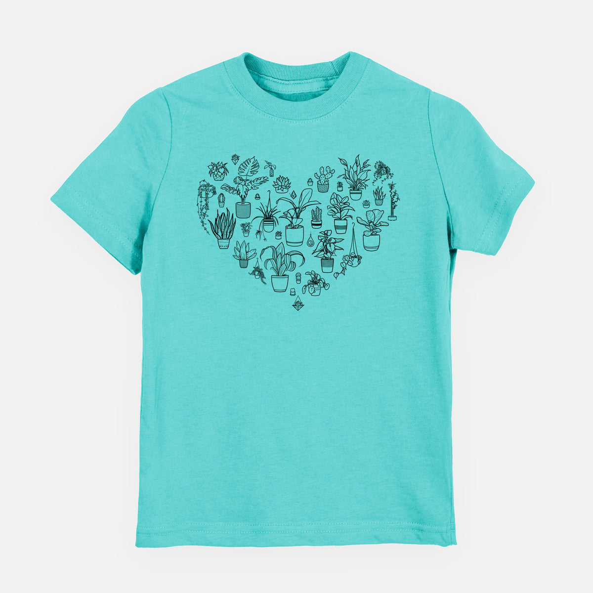 Caribbean blue youth t-shirt laid flat, printed with a heart shape filled with black ink potted houseplants.