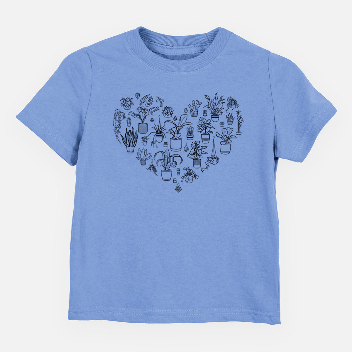 Carolina blue toddler t-shirt laid flat, printed with a heart shape filled with black ink potted houseplants.