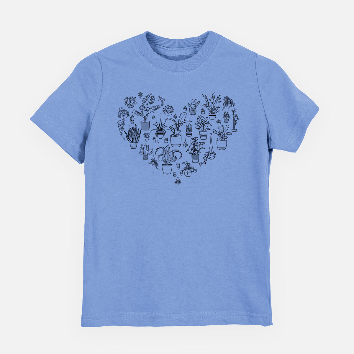 Carolina blue youth t-shirt laid flat, printed with a heart shape filled with black ink potted houseplants.