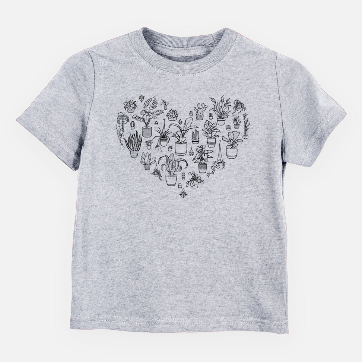 Heather grey toddler t-shirt laid flat, printed with a heart shape filled with black ink potted houseplants.