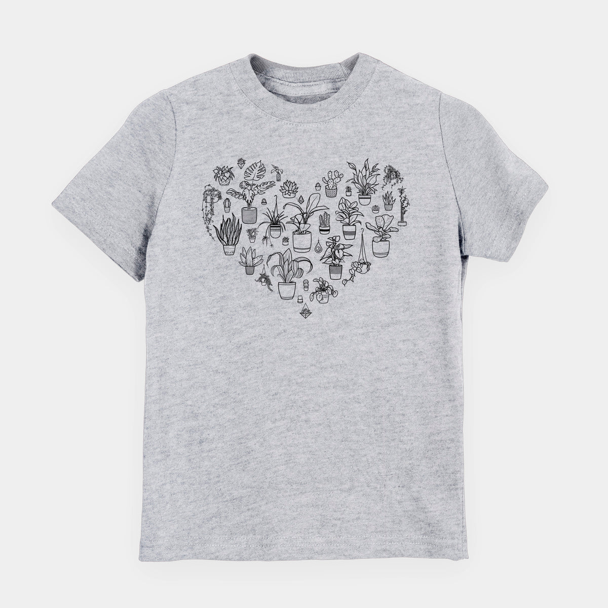 Heather grey youth t-shirt laid flat, printed with a heart shape filled with black ink potted houseplants.