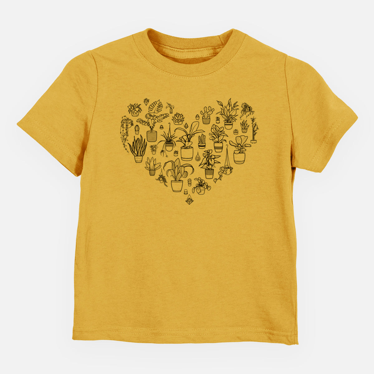 Honeycomb yellow toddler t-shirt laid flat, printed with a heart shape filled with black ink potted houseplants.