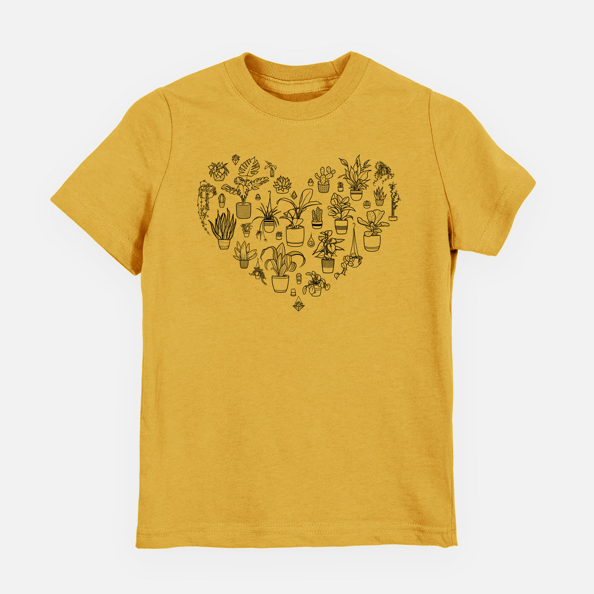 Honeycomb yellow youth t-shirt laid flat, printed with a heart shape filled with black ink potted houseplants.