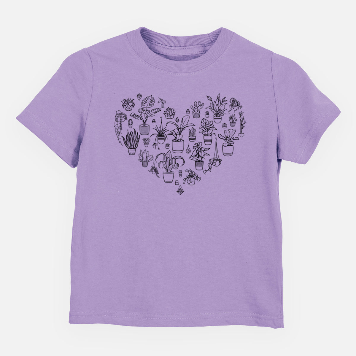 Lavender toddler t-shirt laid flat, printed with a heart shape filled with black ink potted houseplants.