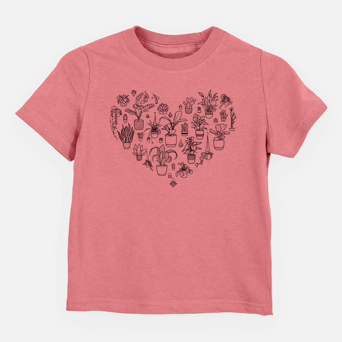 Mauve pink toddler t-shirt laid flat, printed with a heart shape filled with black ink potted houseplants.