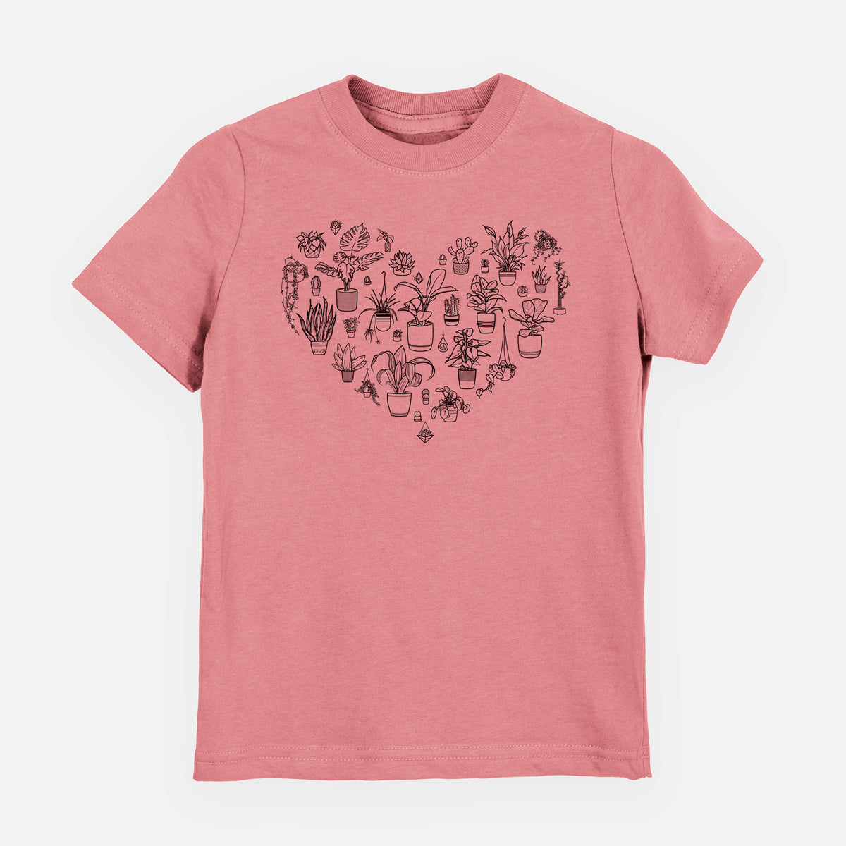 Mauve pink youth t-shirt laid flat, printed with a heart shape filled with black ink potted houseplants.
