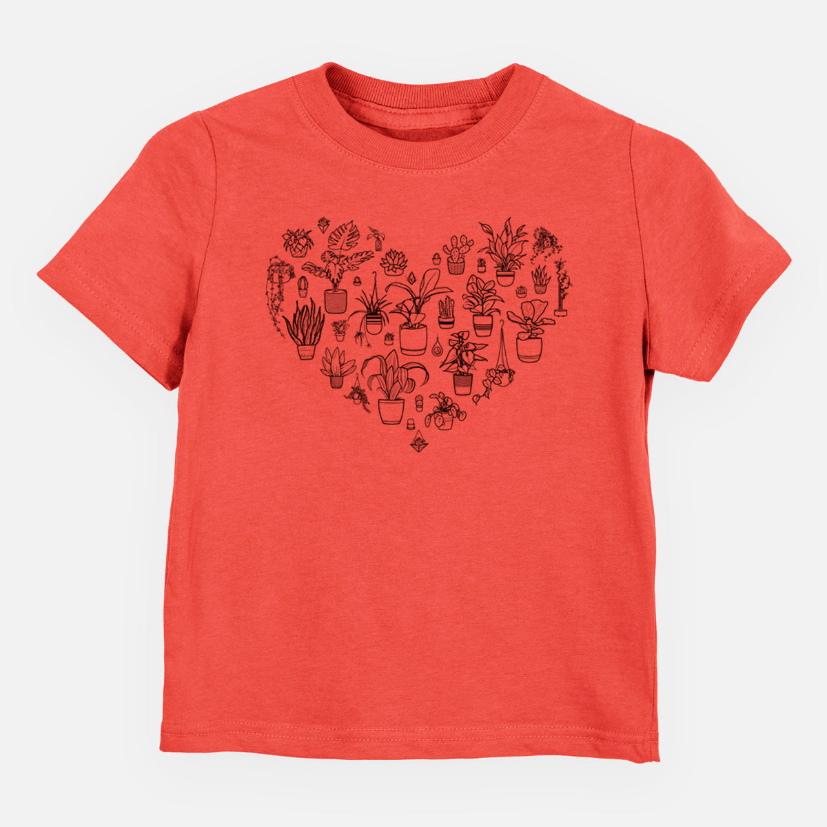Passionfruit pink toddler t-shirt laid flat, printed with a heart shape filled with black ink potted houseplants.
