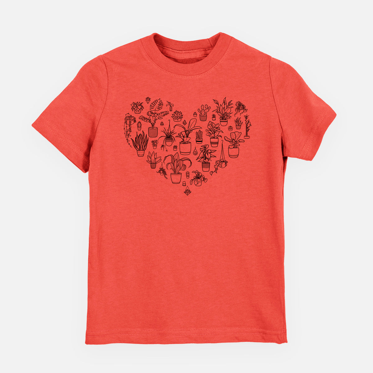Passionfruit pink youth t-shirt laid flat, printed with a heart shape filled with black ink potted houseplants.