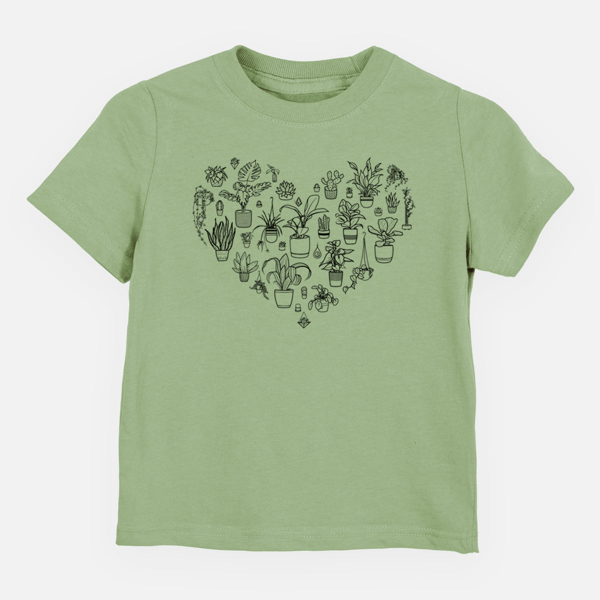 Sage green toddler t-shirt laid flat, printed with a heart shape filled with black ink potted houseplants.