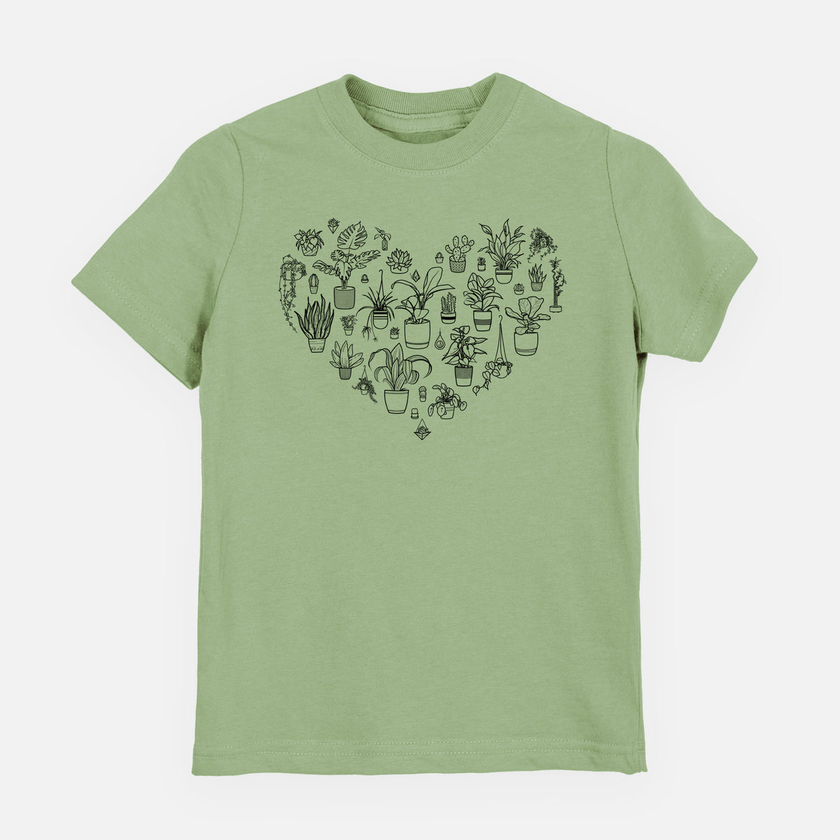 Sage green youth t-shirt laid flat, printed with a heart shape filled with black ink potted houseplants.