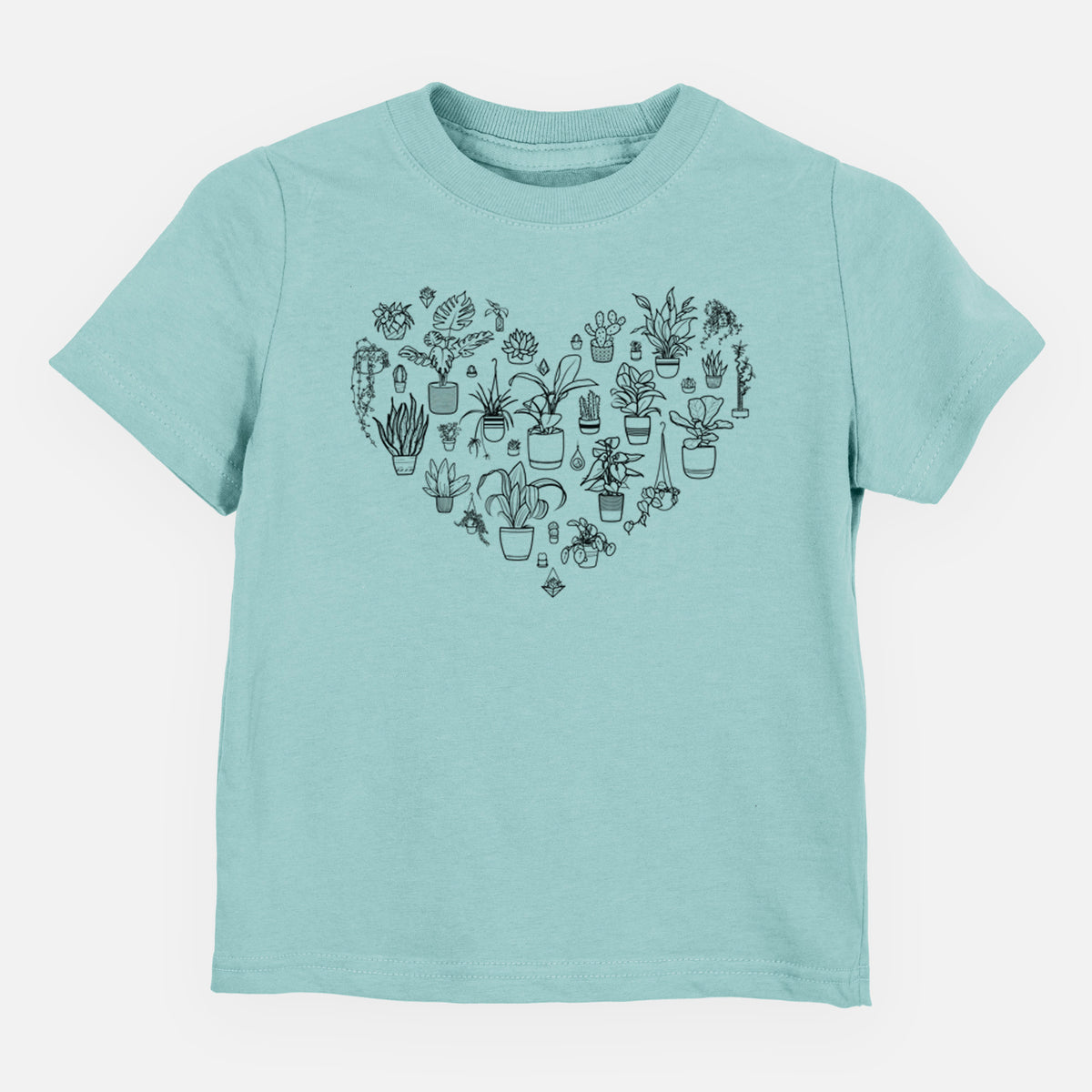 Saltwater toddler t-shirt laid flat, printed with a heart shape filled with black ink potted houseplants.
