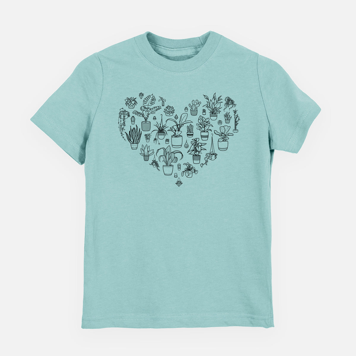 Saltwater youth t-shirt laid flat, printed with a heart shape filled with black ink potted houseplants.