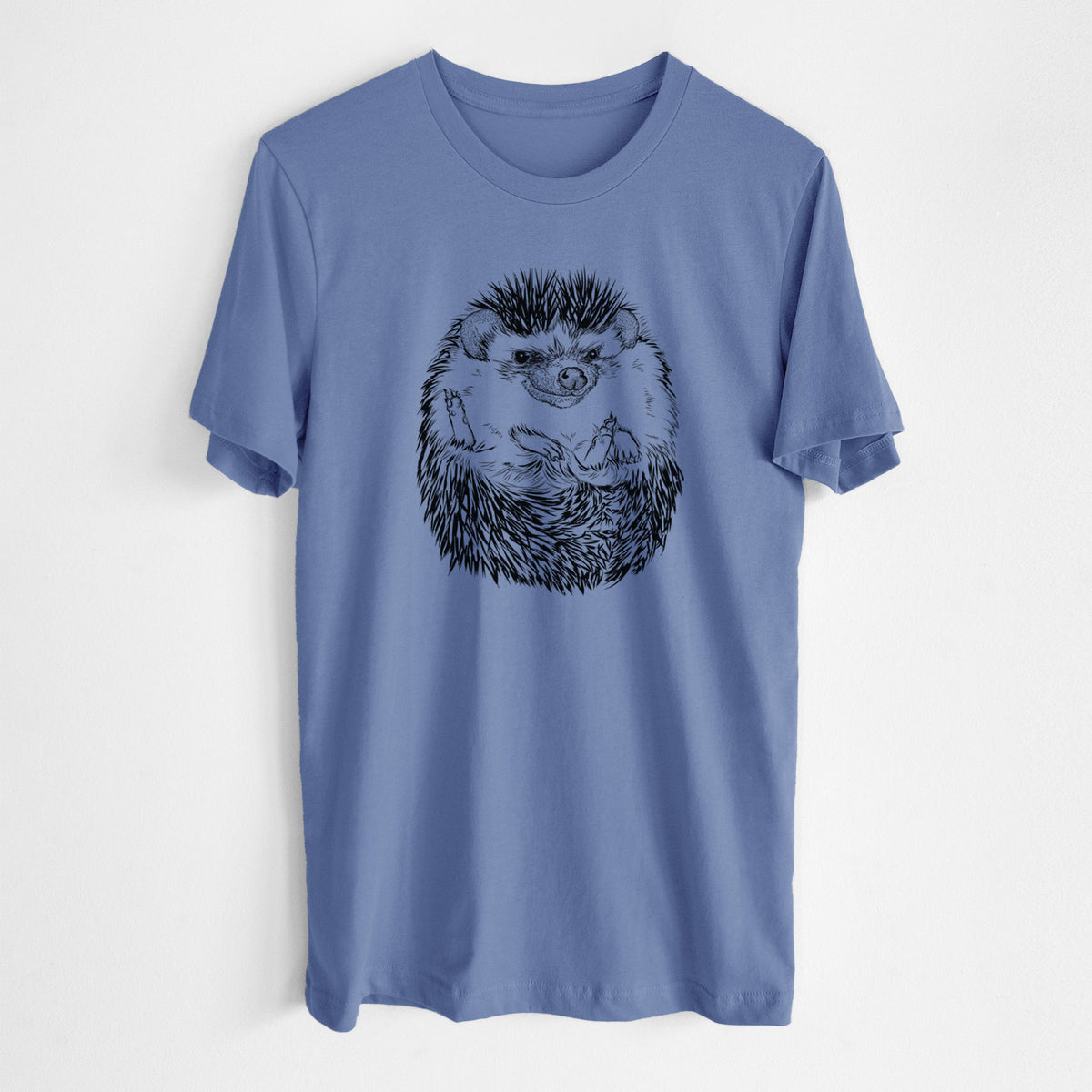 Blue bell lightweight cotton t-shirt laid flat, printed with a detailed black ink illustration of a hedgehog curled up and facing forward.