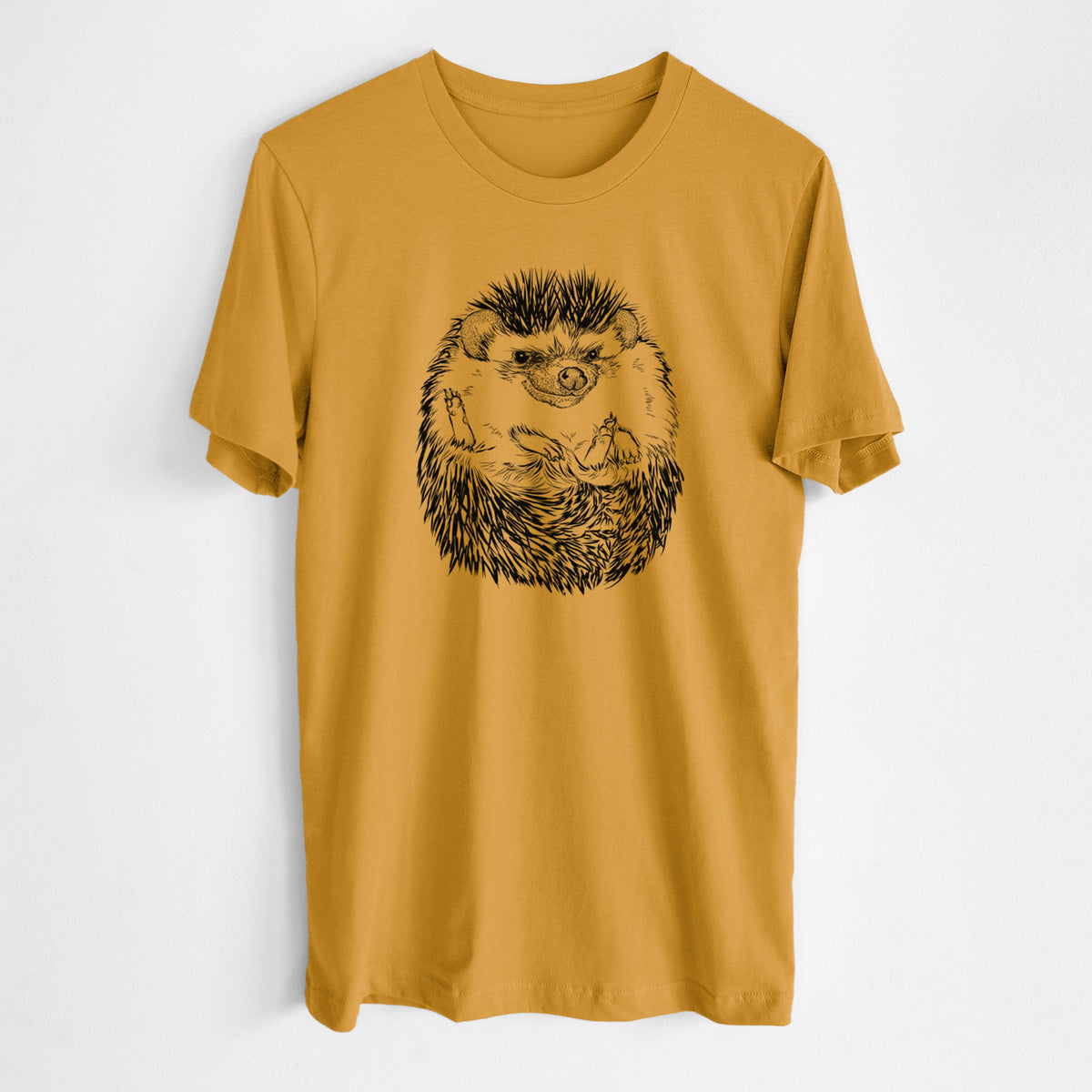 Honeycomb yellow lightweight cotton t-shirt laid flat, printed with a detailed black ink illustration of a hedgehog curled up and facing forward.