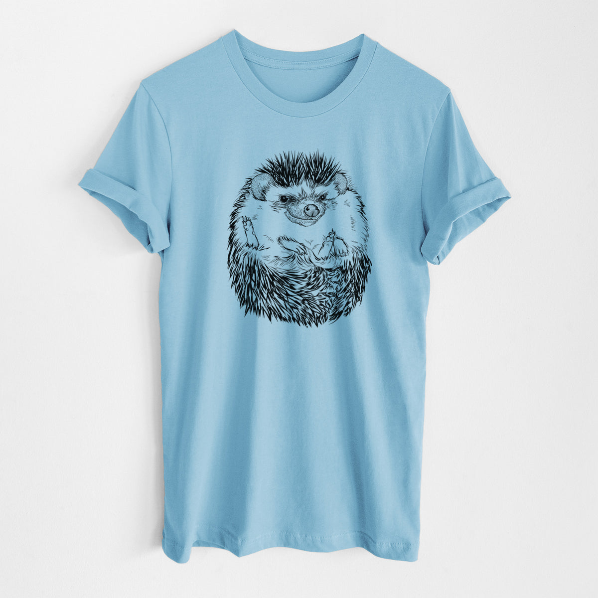 Ocean blue lightweight cotton t-shirt laid flat, printed with a detailed black ink illustration of a hedgehog curled up and facing forward.