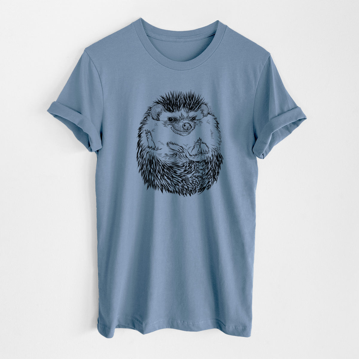 Steel blue lightweight cotton t-shirt laid flat, printed with a detailed black ink illustration of a hedgehog curled up and facing forward.