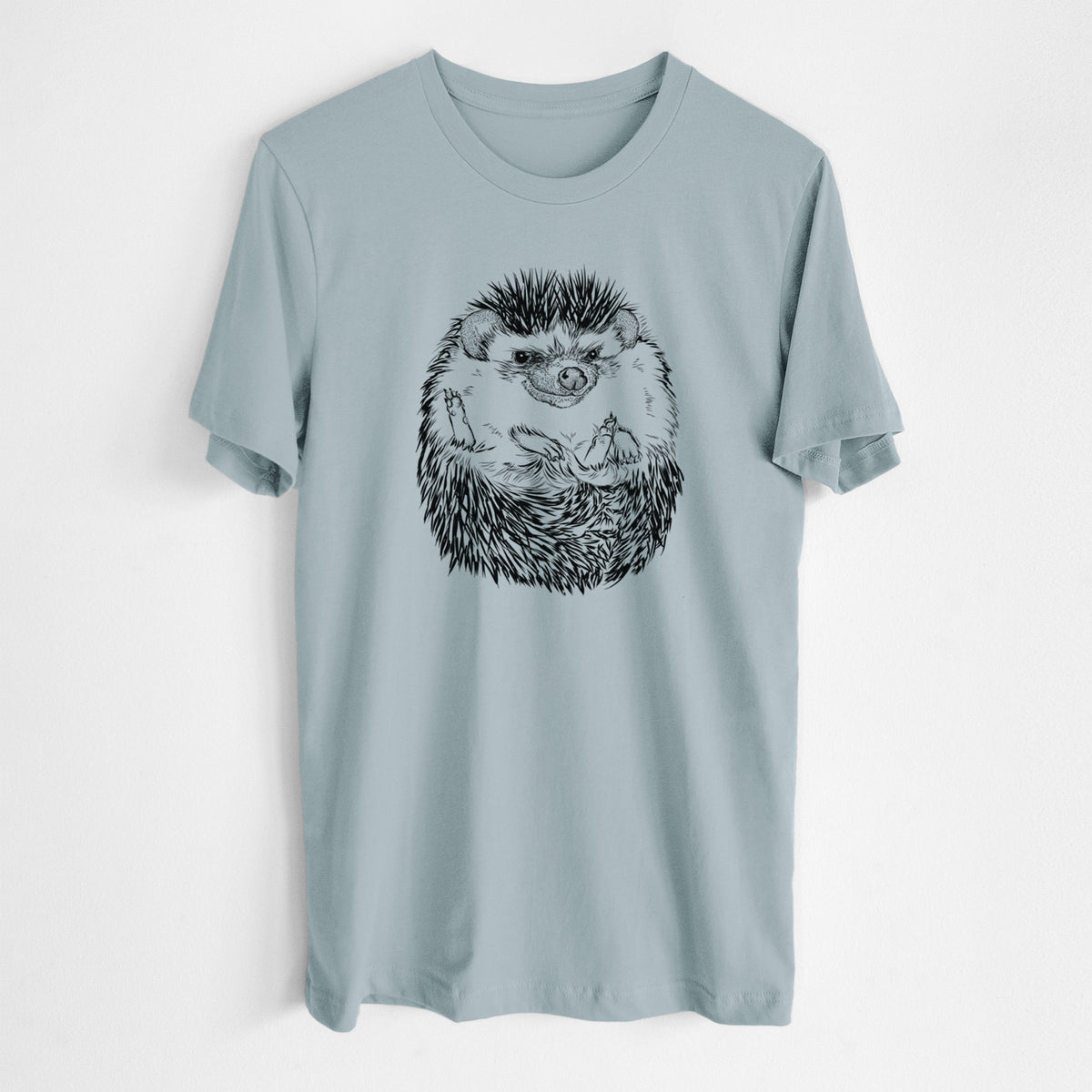 Vintage denim lightweight cotton t-shirt laid flat, printed with a detailed black ink illustration of a hedgehog curled up and facing forward.