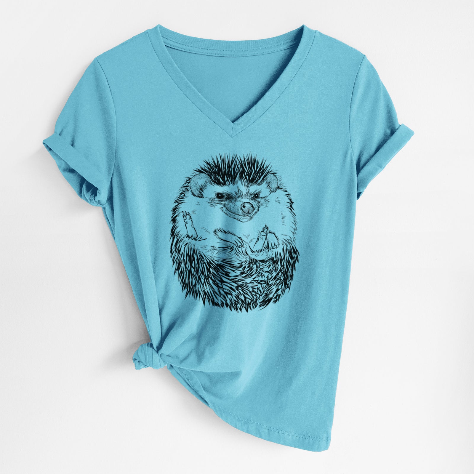 Turquoise women's relaxed fit cotton V-neck t-shirt laid flat, printed with a detailed black ink illustration of a hedgehog curled up and facing forward.