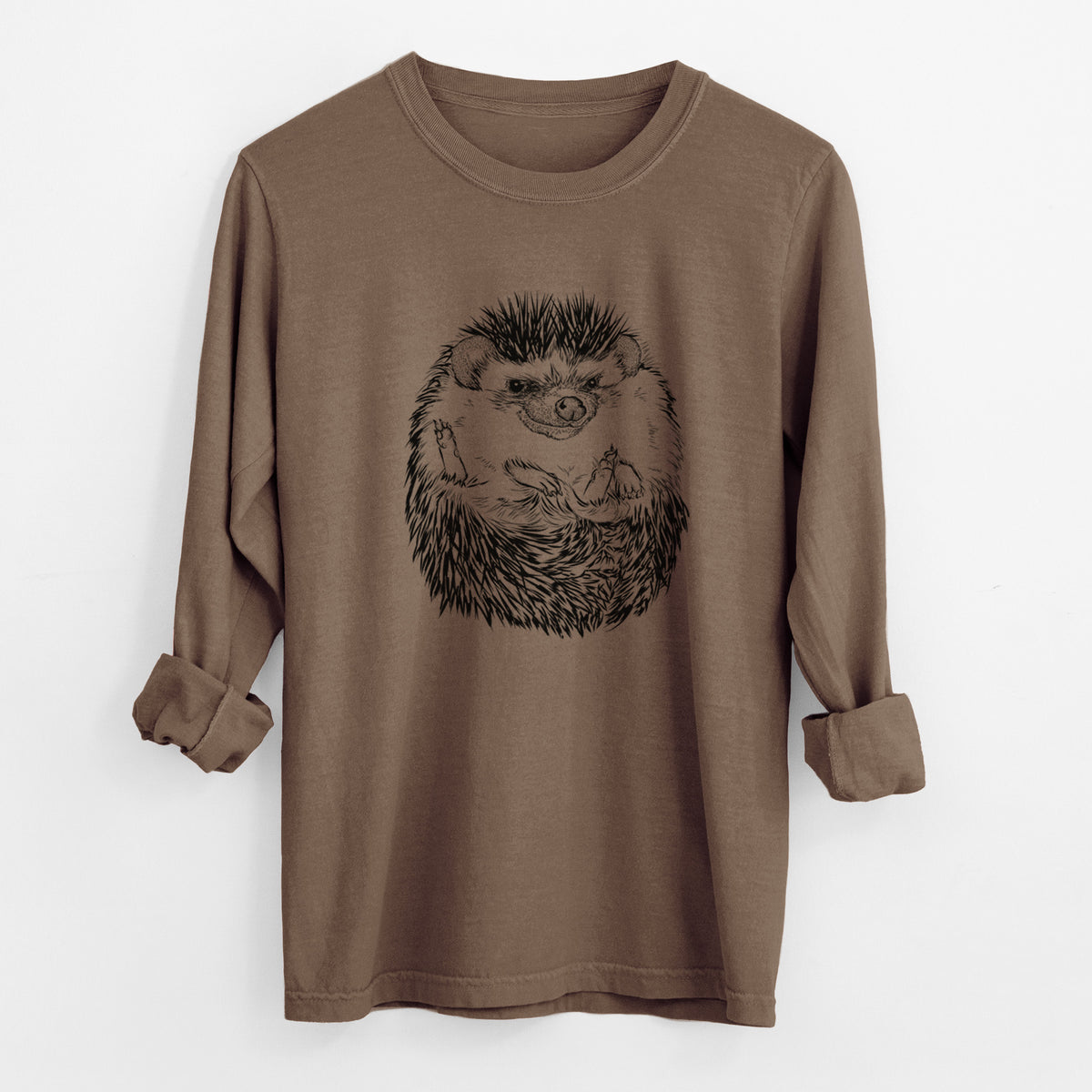 Espresso brown Comfort Colors long sleeve shirt laid flat with the cuffs rolled, printed with a detailed black ink illustration of a hedgehog curled up and facing forward.
