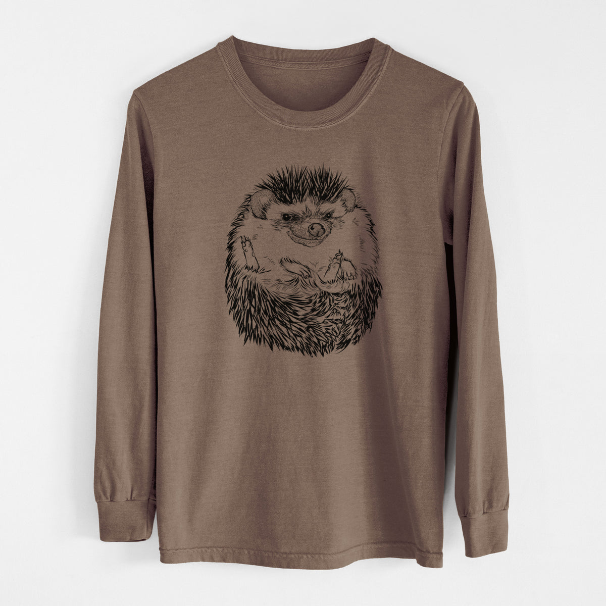 Espresso brown Comfort Colors long sleeve shirt laid flat, printed with a detailed black ink illustration of a hedgehog curled up and facing forward.