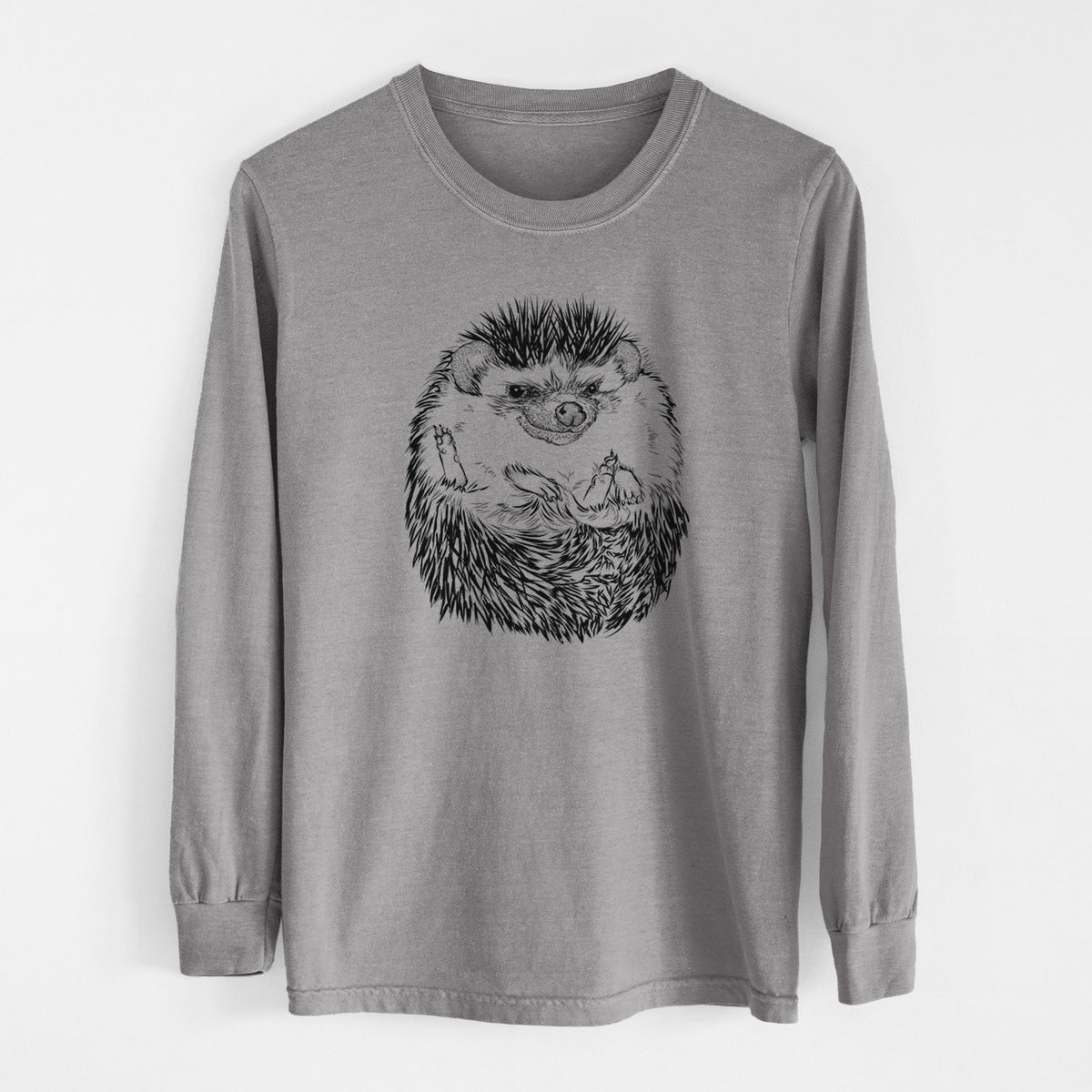 Grey Comfort Colors long sleeve shirt laid flat, printed with a detailed black ink illustration of a hedgehog curled up and facing forward.