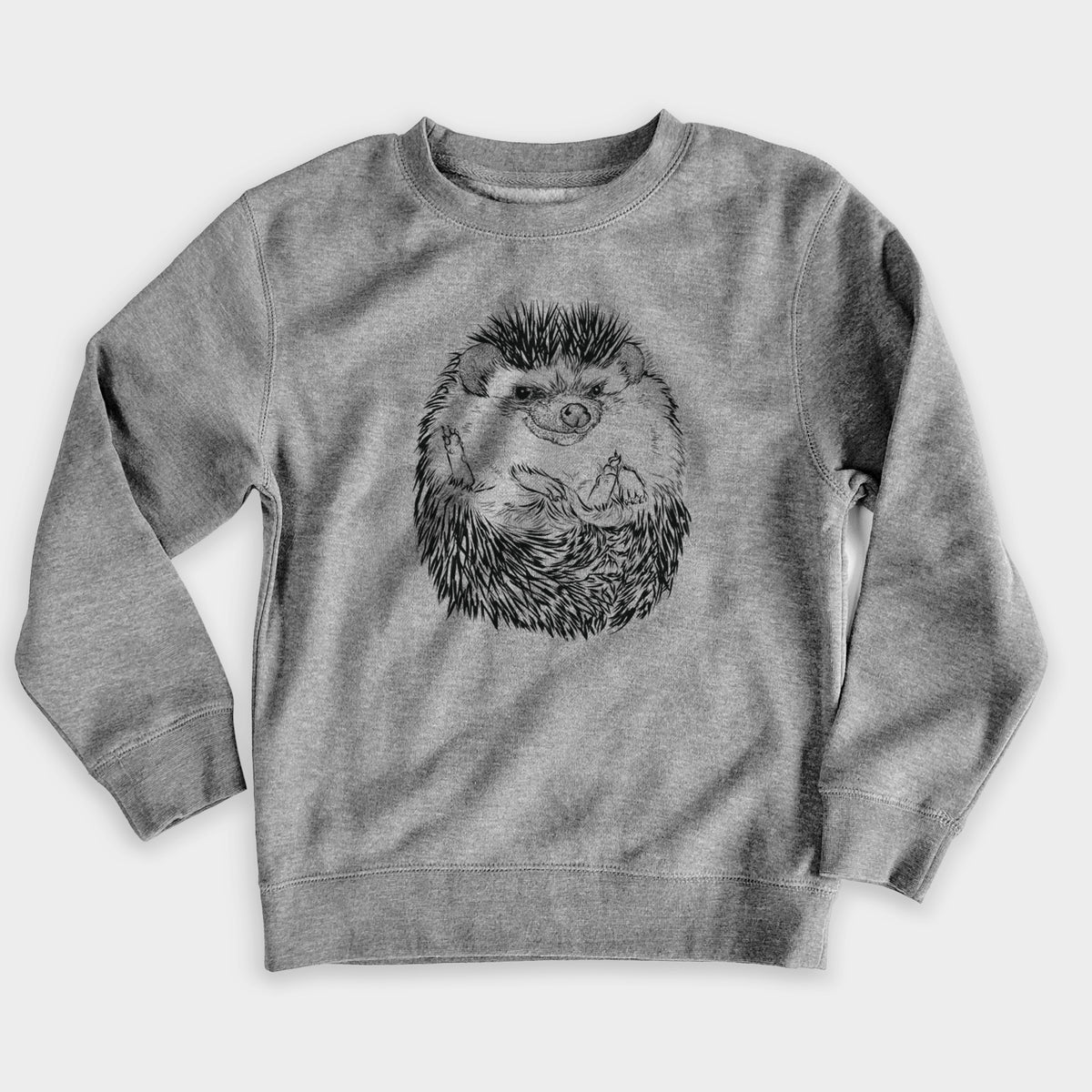 Nickel grey youth crewneck sweatshirt laid flat, printed with a detailed black ink illustration of a hedgehog curled up and facing forward.