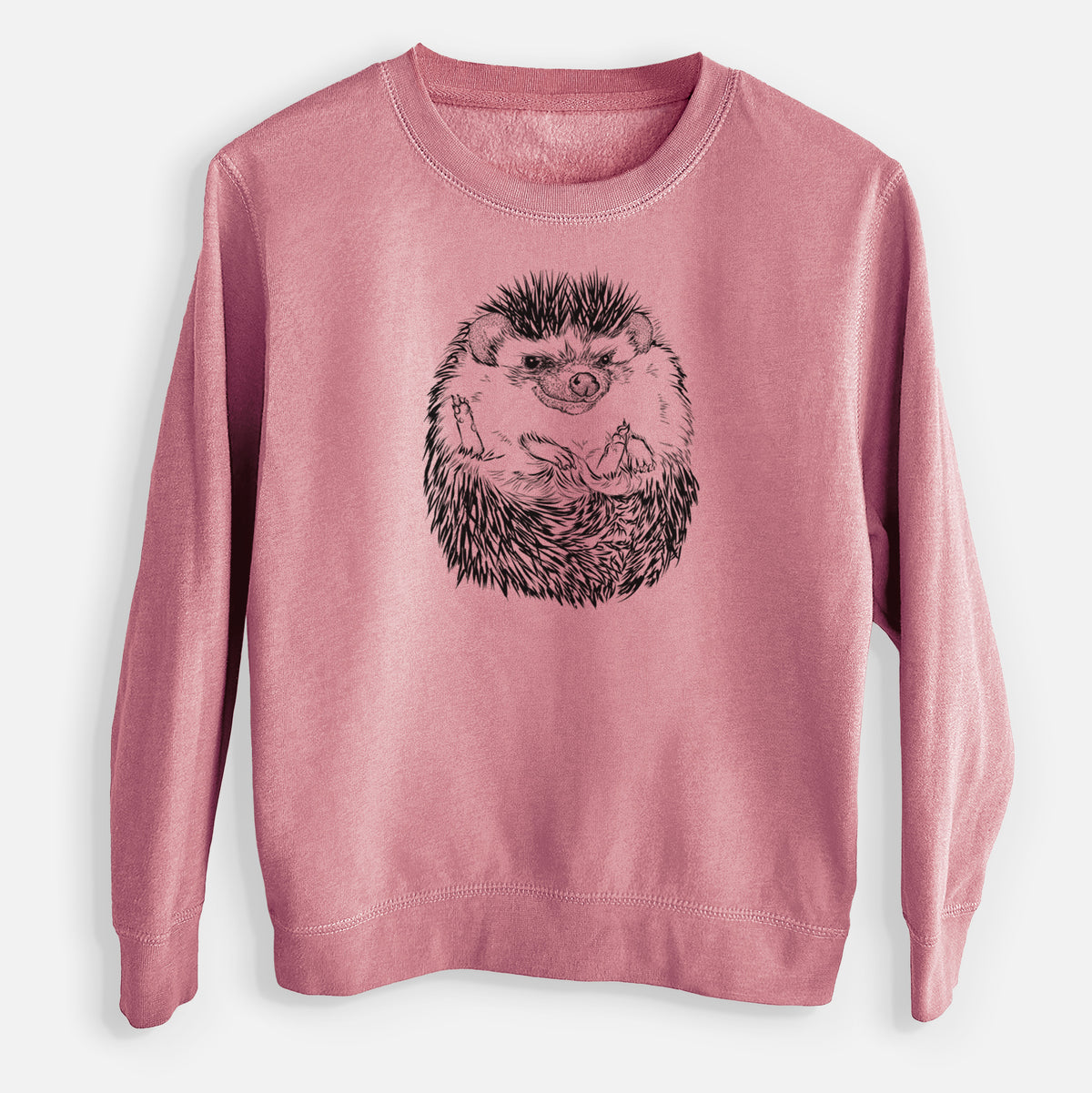 Mauve pink youth crewneck sweatshirt laid flat, printed with a detailed black ink illustration of a hedgehog curled up and facing forward.