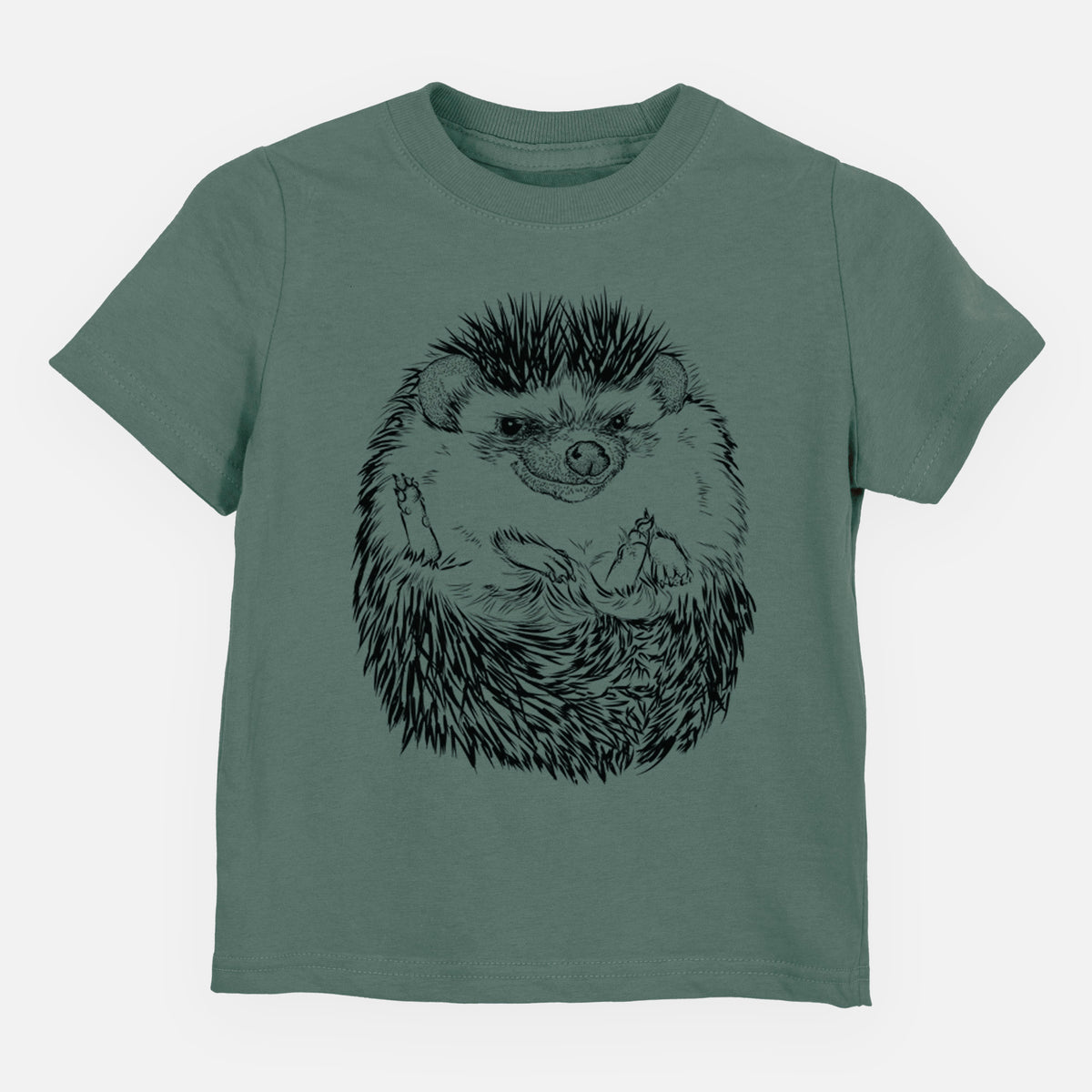 Basil green toddler t-shirt laid flat, printed with a detailed black ink illustration of a hedgehog curled up and facing forward.