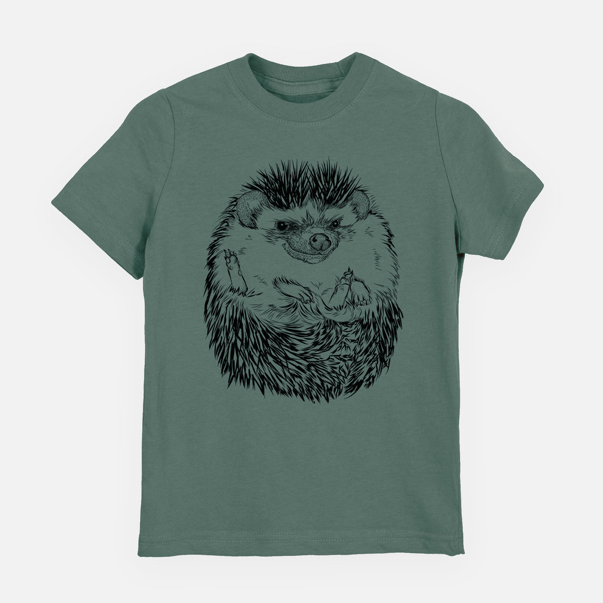 Basil green youth t-shirt laid flat, printed with a detailed black ink illustration of a hedgehog curled up and facing forward.