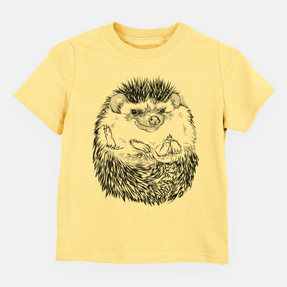Butter yellow toddler t-shirt laid flat, printed with a detailed black ink illustration of a hedgehog curled up and facing forward.
