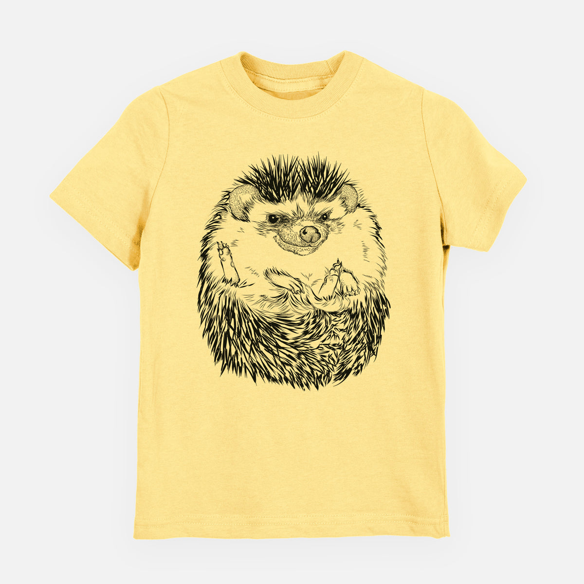 Butter yellow youth t-shirt laid flat, printed with a detailed black ink illustration of a hedgehog curled up and facing forward.
