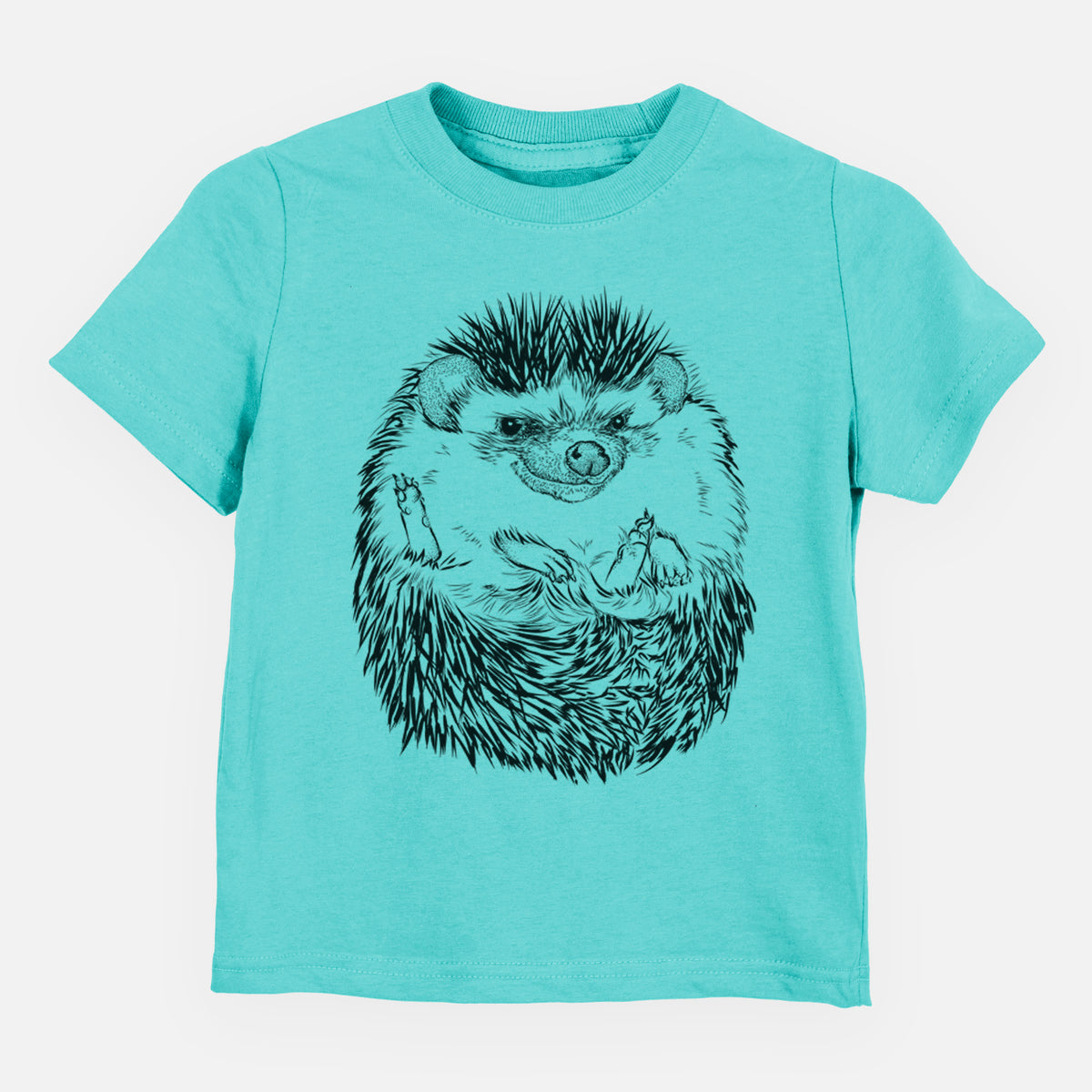 Caribbean blue toddler t-shirt laid flat, printed with a detailed black ink illustration of a hedgehog curled up and facing forward.