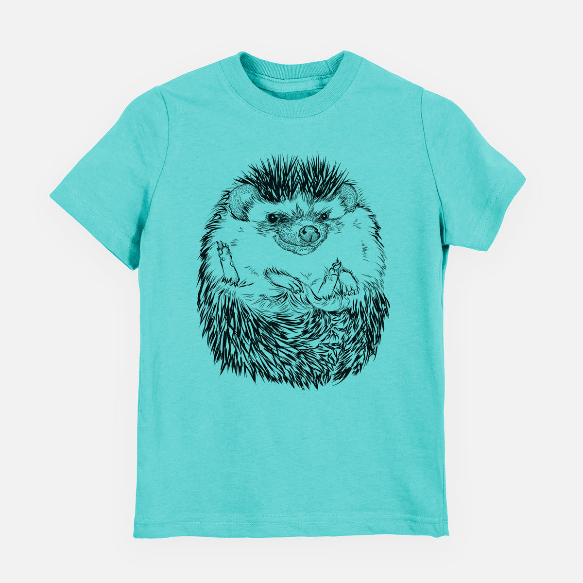 Caribbean blue youth t-shirt laid flat, printed with a detailed black ink illustration of a hedgehog curled up and facing forward.