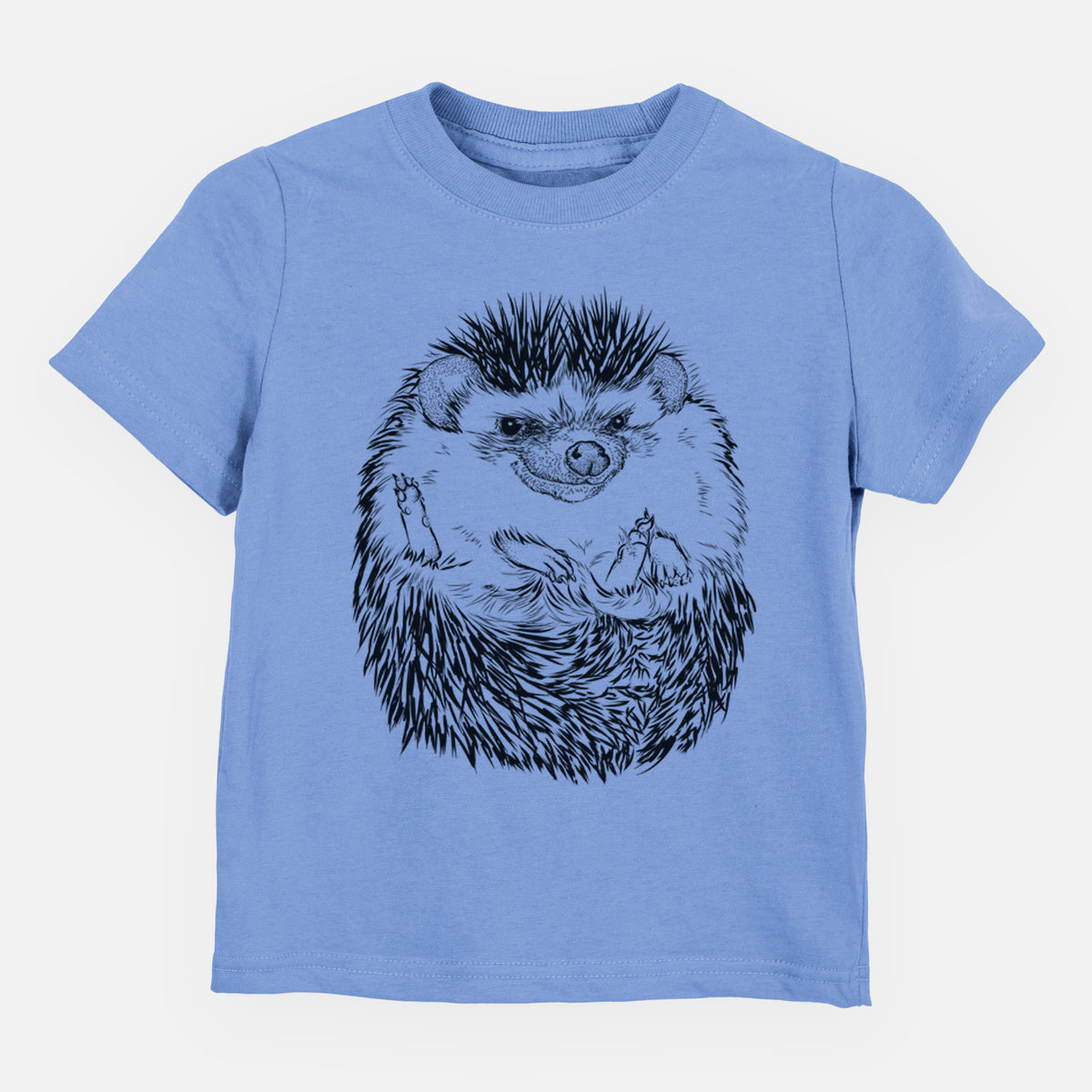 Carolina blue toddler t-shirt laid flat, printed with a detailed black ink illustration of a hedgehog curled up and facing forward.