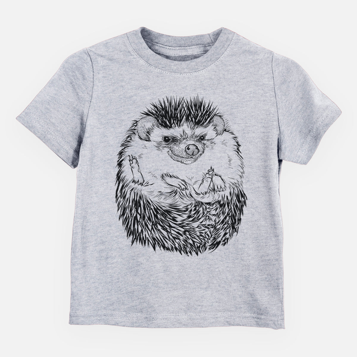 Heather grey toddler t-shirt laid flat, printed with a detailed black ink illustration of a hedgehog curled up and facing forward.